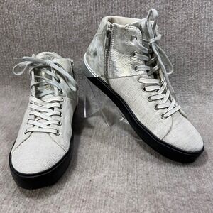 Leather Crown High Top Sneakers Metallic Silver White Canvas Side Zip Women 38